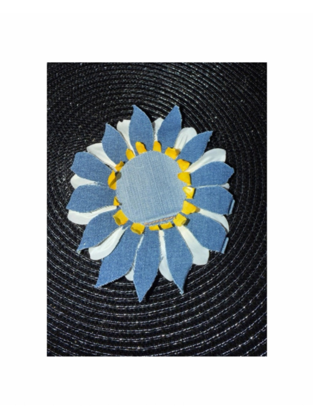 Blue White Denim Flower Brooch One Size